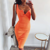 WannaThis genou-longueur robe tricoté élastique sans manches moulante femmes élégantes 2019 été Sexy col en v bouton fête Slim robes