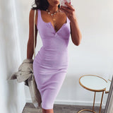 WannaThis genou-longueur robe tricoté élastique sans manches moulante femmes élégantes 2019 été Sexy col en v bouton fête Slim robes