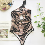 Simplee One shoulder print swimsuit female new Hollow out sexy swimwear women one piece suit High cut sexy bathing suit monokini