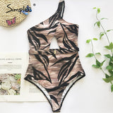 Simplee One shoulder print swimsuit female new Hollow out sexy swimwear women one piece suit High cut sexy bathing suit monokini