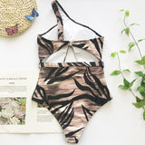 Simplee One shoulder print swimsuit female new Hollow out sexy swimwear women one piece suit High cut sexy bathing suit monokini
