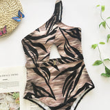 Simplee One shoulder print swimsuit female new Hollow out sexy swimwear women one piece suit High cut sexy bathing suit monokini