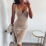 WannaThis genou-longueur robe tricoté élastique sans manches moulante femmes élégantes 2019 été Sexy col en v bouton fête Slim robes