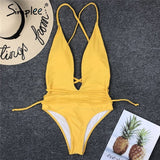 Simplee Deep v-neck bodysuit one-piece Bondage white bikini 2019 High cut swimsuit female Push up sexy swimwear women Monokini