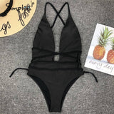 Simplee Deep v-neck bodysuit one-piece Bondage white bikini 2019 High cut swimsuit female Push up sexy swimwear women Monokini