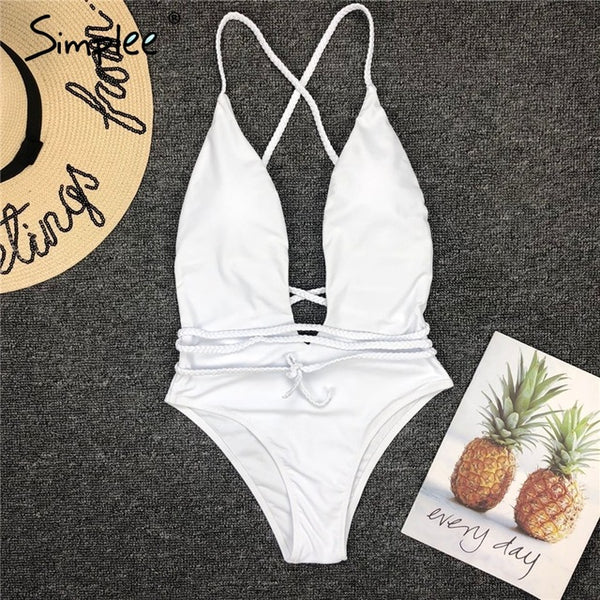 Simplee Deep v-neck bodysuit one-piece Bondage white bikini 2019 High cut swimsuit female Push up sexy swimwear women Monokini