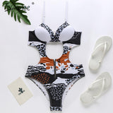 Simplee Floral print bikini Plus size leopard swimwear bodysuits one-piece White Push up lady sexy beach chic swimsuit monokini