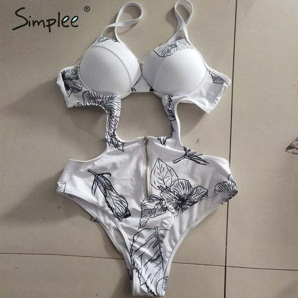 Simplee Floral print bikini Plus size leopard swimwear bodysuits one-piece White Push up lady sexy beach chic swimsuit monokini