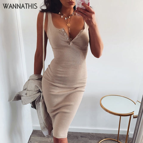 WannaThis genou-longueur robe tricoté élastique sans manches moulante femmes élégantes 2019 été Sexy col en v bouton fête Slim robes