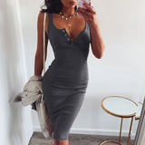 WannaThis genou-longueur robe tricoté élastique sans manches moulante femmes élégantes 2019 été Sexy col en v bouton fête Slim robes